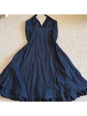 2007 Gap butter yellow and navy polka dot halter dress